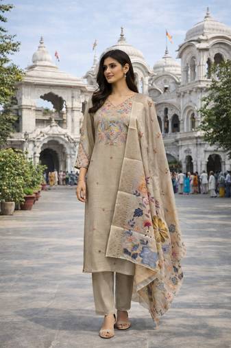 Beige color cotton silk fabric designer ceremonial ethnic readymade suit