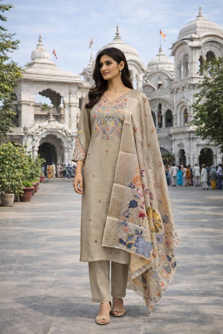 Beige color cotton silk fabric designer ceremonial ethnic readymade suit