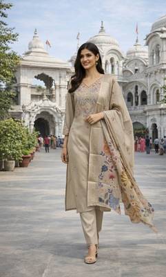 Beige color cotton silk fabric designer ceremonial ethnic readymade suit 3