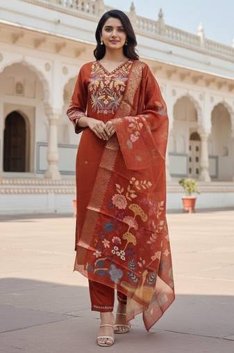 Orange color cotton silk fabric designer ceremonial ethnic readymade suit