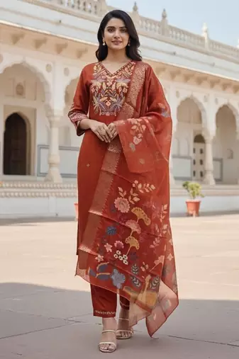 Orange color cotton silk fabric designer ceremonial ethnic readymade suit