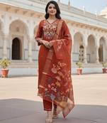 Orange color cotton silk fabric designer ceremonial ethnic readymade suit