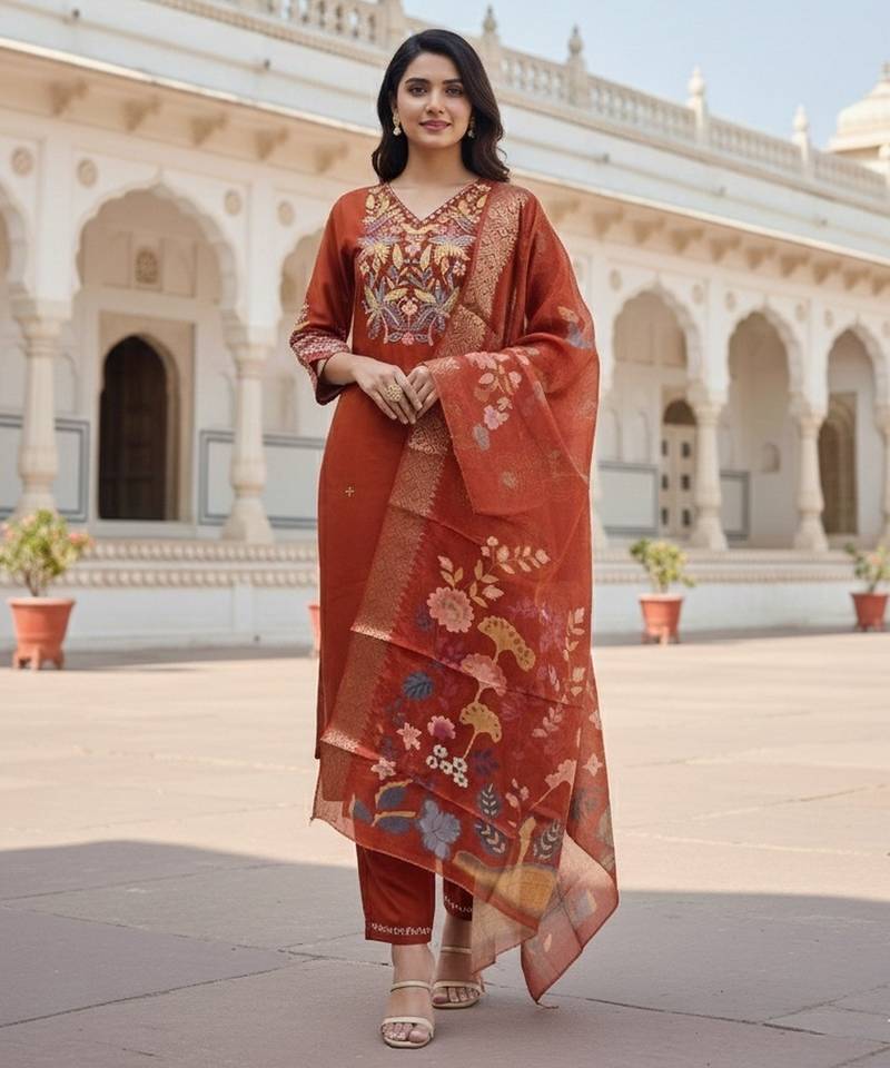 Orange color cotton silk fabric designer ceremonial ethnic readymade suit