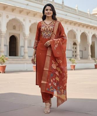 Orange color cotton silk ceremonial readymade suit 3
