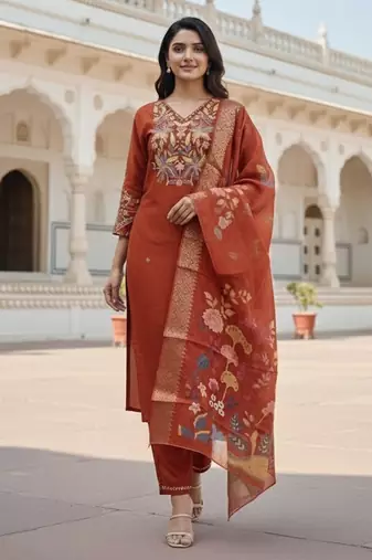 Orange color cotton silk ceremonial readymade suit