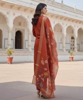 Orange color cotton silk ceremonial readymade suit 4