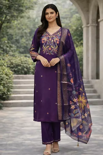 Purple color cotton silk fabric designer ceremonial ethnic readymade suit