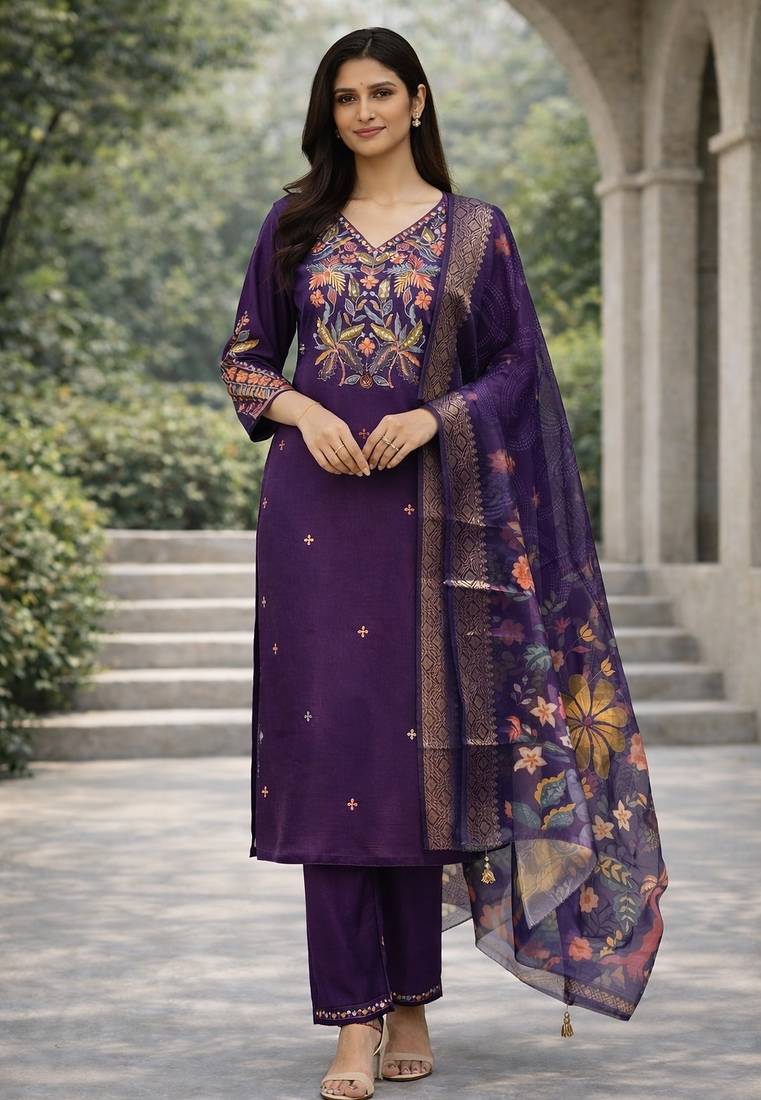 Purple color cotton silk fabric designer ceremonial ethnic readymade suit