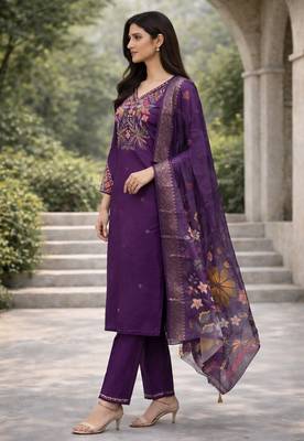 Purple color cotton silk ceremonial readymade suit 3