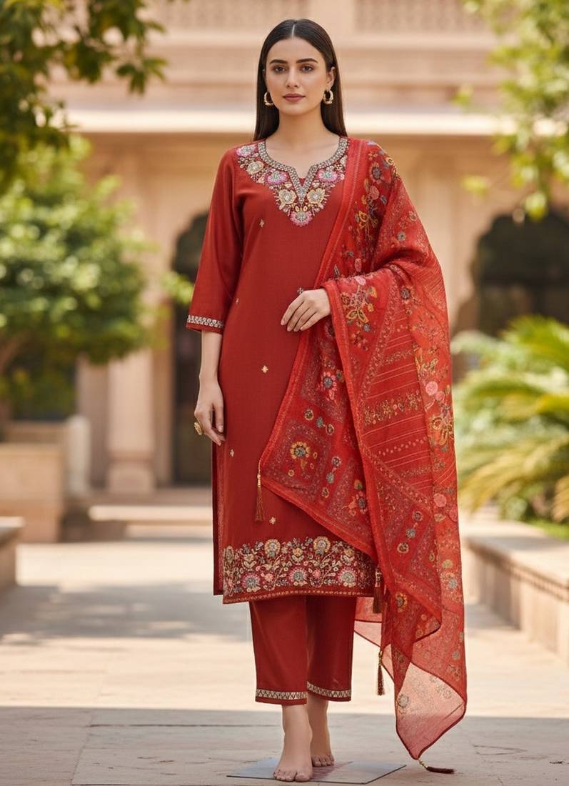 Orange color cotton silk fabric designer ceremonial ethnic readymade suit