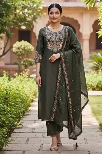 Mahendi color cotton silk fabric designer ceremonial ethnic readymade suit