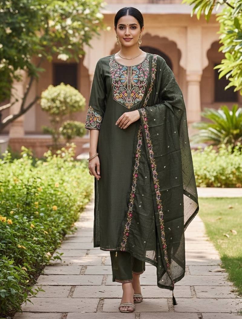 Mahendi color cotton silk fabric designer ceremonial ethnic readymade suit