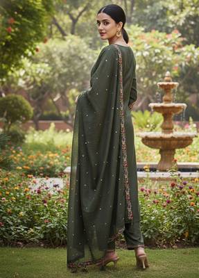 Mahendi color cotton silk ceremonial readymade suit 2