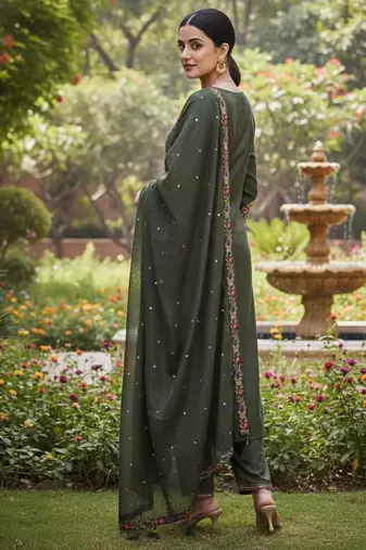 Mahendi color cotton silk ceremonial readymade suit