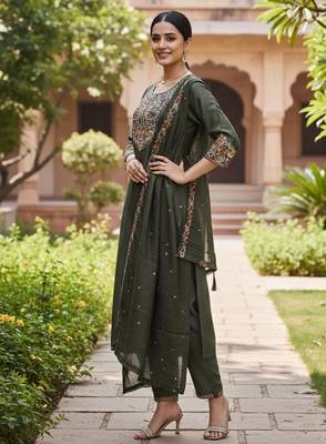 Mahendi color cotton silk ceremonial readymade suit 3