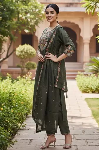 Mahendi color cotton silk ceremonial readymade suit