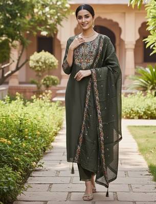 Mahendi color cotton silk ceremonial readymade suit 4