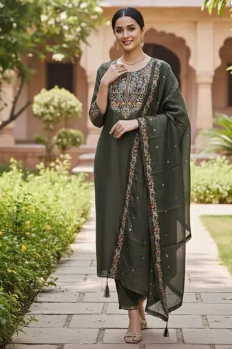Mahendi color cotton silk ceremonial readymade suit