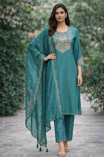 Teal blue color cotton silk fabric designer ceremonial ethnic readymade suit