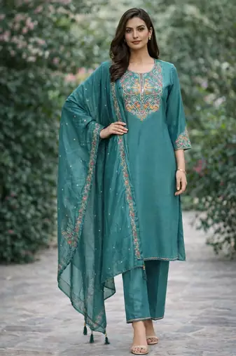 Teal blue color cotton silk fabric designer ceremonial ethnic readymade suit