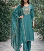 Teal blue color cotton silk fabric designer ceremonial ethnic readymade suit