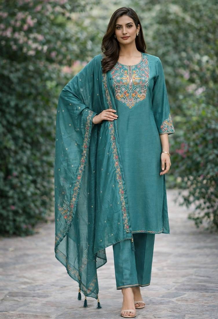 Teal blue color cotton silk fabric designer ceremonial ethnic readymade suit