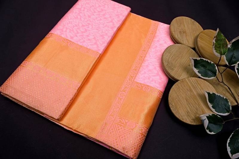 Baby pink soft silk blend banarasi jacuard work designer party wear saree with unstitched blouse piece