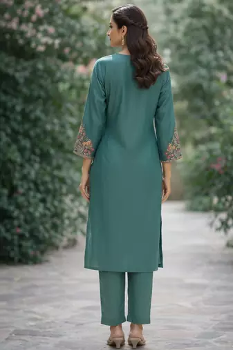 Teal blue color cotton silk ceremonial readymade suit