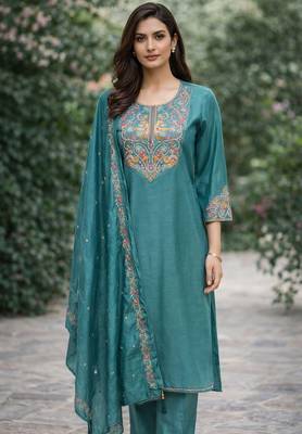 Teal blue color cotton silk ceremonial readymade suit 3
