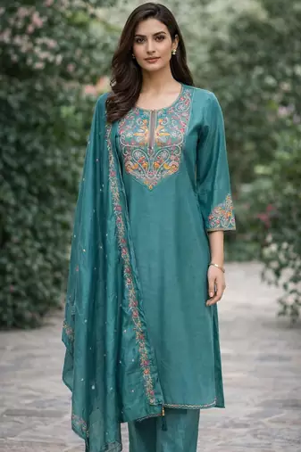 Teal blue color cotton silk ceremonial readymade suit