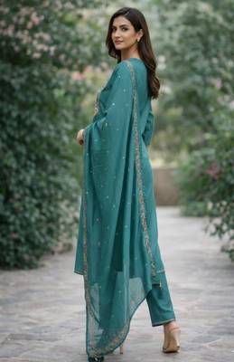 Teal blue color cotton silk ceremonial readymade suit 4