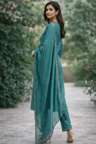 Teal blue color cotton silk ceremonial readymade suit