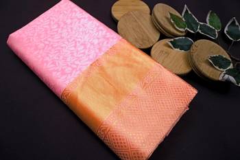 Baby pink silk blend banarasi saree with unstitched blouse piece 5