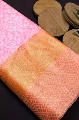 Baby pink silk blend banarasi saree with unstitched blouse piece