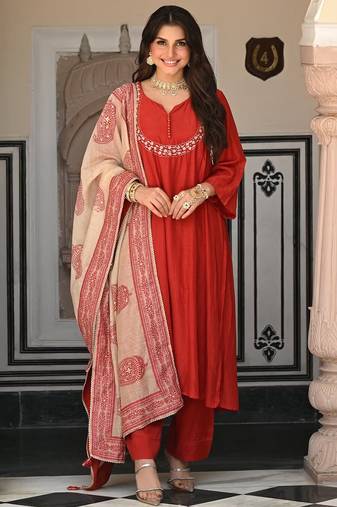 Rust color stylish trendy looking designer kurta set for stylish looks