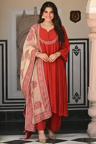 Rust color stylish trendy looking designer kurta set for stylish looks