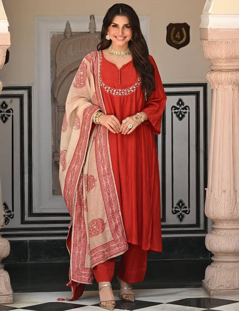 Rust color stylish trendy looking designer kurta set for stylish looks