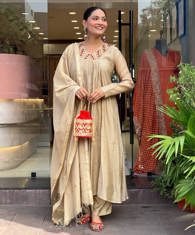 Beige color stylish trendy looking designer kurta set for stylish looks