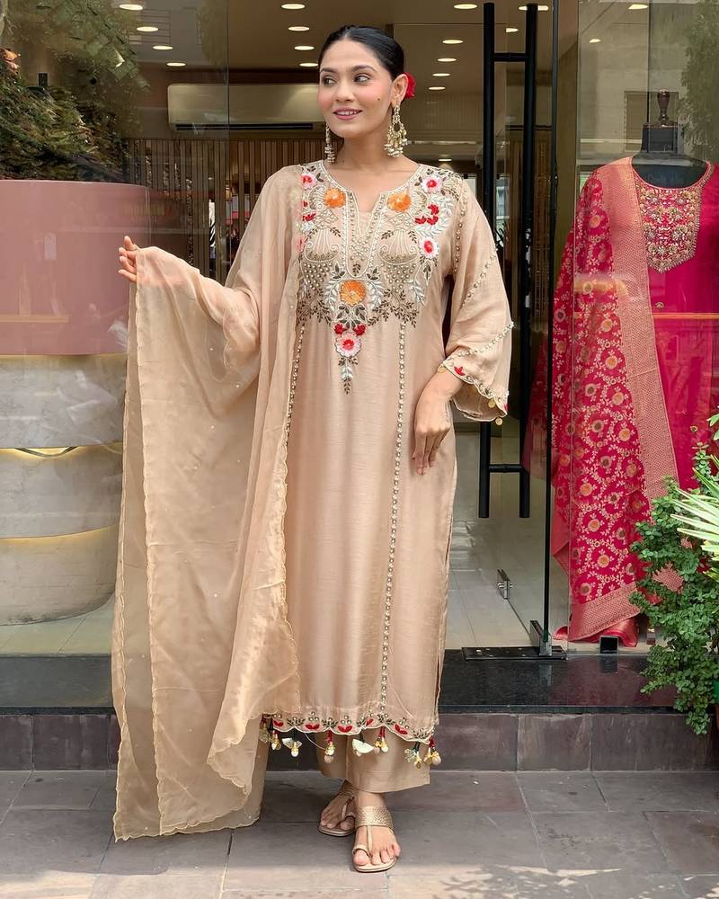 Chiku color stylish trendy looking designer kurta set for stylish looks