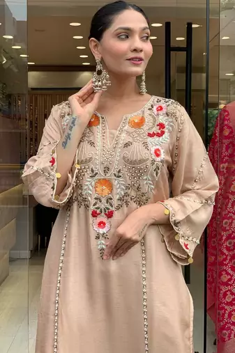 Chiku color stylish trendy looking kurta set for stylish looks
