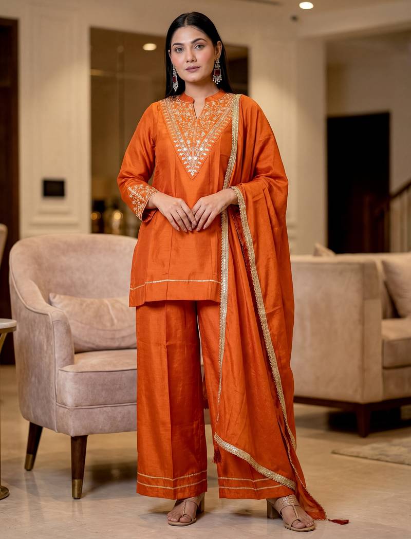 Orange color stylish trendy looking designer kurta set for stylish looks