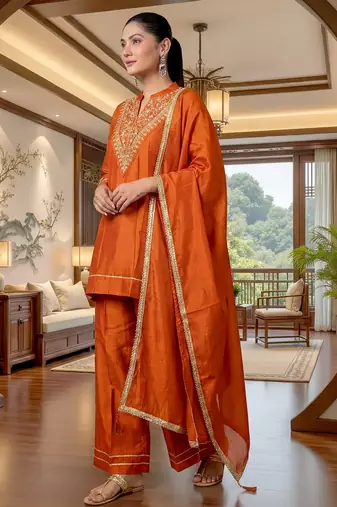 Orange color stylish trendy looking kurta set for stylish looks