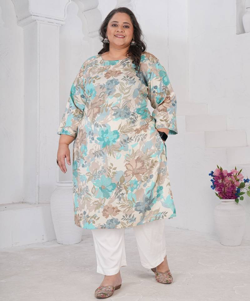 Off white color designer printed smart look plus size kurti