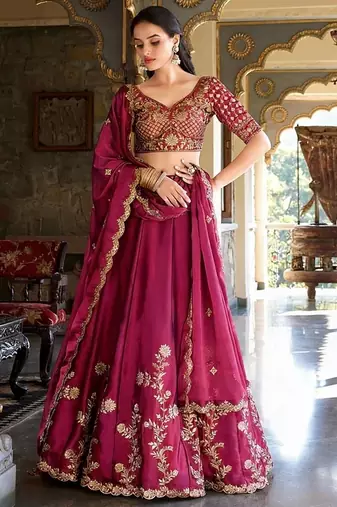 Rani Pink Embroidered Silk Lehenga Choli with Heavy Golden Threadwork & Dupatta | Bridal & Wedding Wear