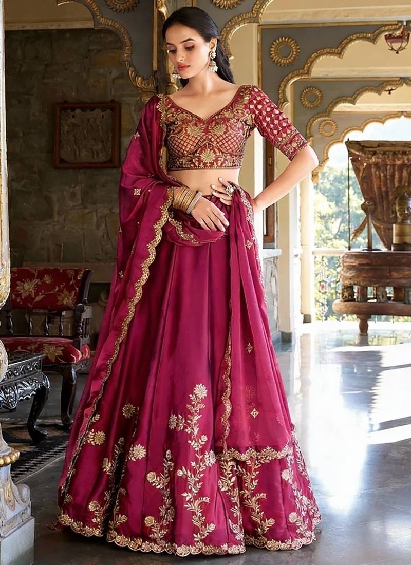 Rani Pink Embroidered Silk Lehenga Choli with Heavy Golden Threadwork & Dupatta | Bridal & Wedding Wear