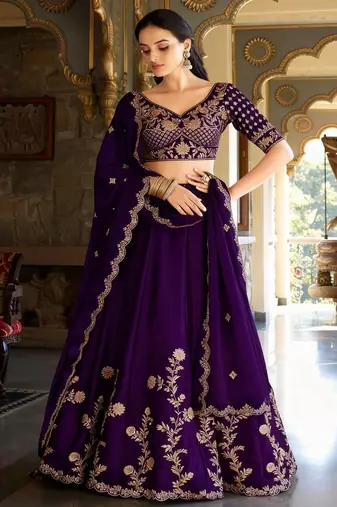 violet silk lehenga choli set with gold threadwork