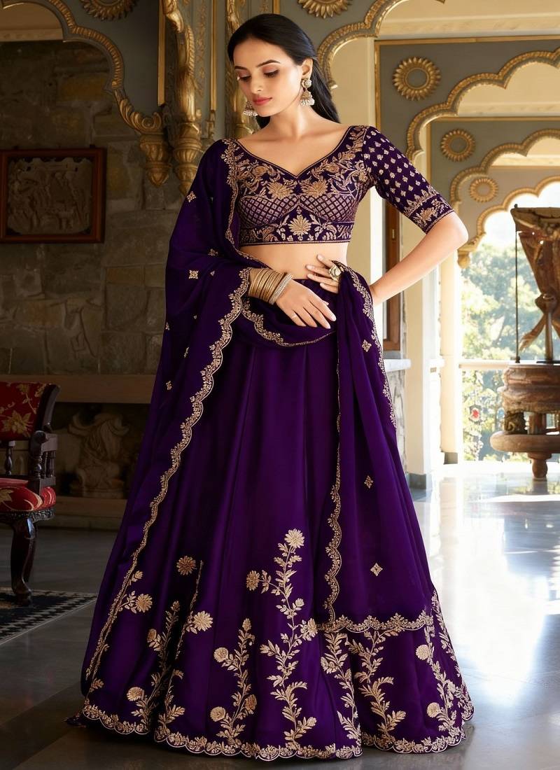 Wine Embroidered Silk Lehenga Choli with Heavy Golden Threadwork & Dupatta | Bridal & Wedding Wear