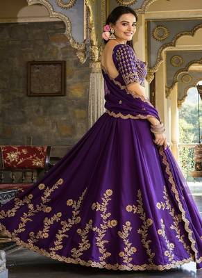 violet silk lehenga choli set with gold threadwork 2