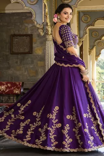 violet silk lehenga choli set with gold threadwork
