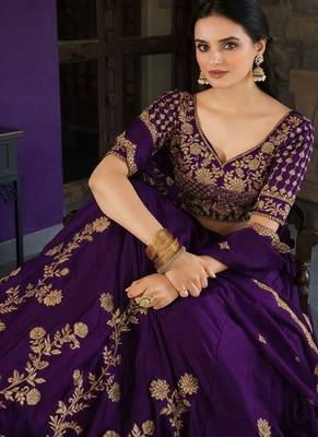 violet silk lehenga choli set with gold threadwork 3
